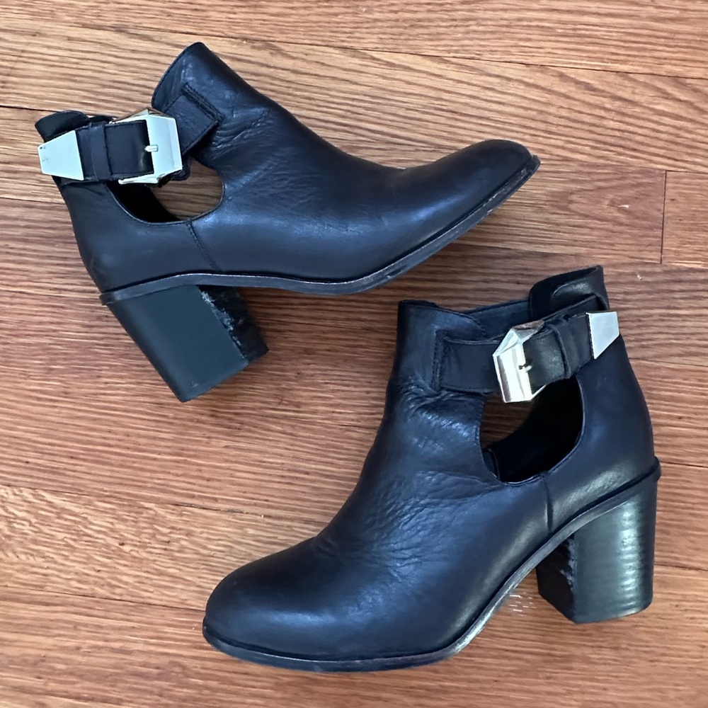 Black Leather Cutout Boots with Silver Buckle